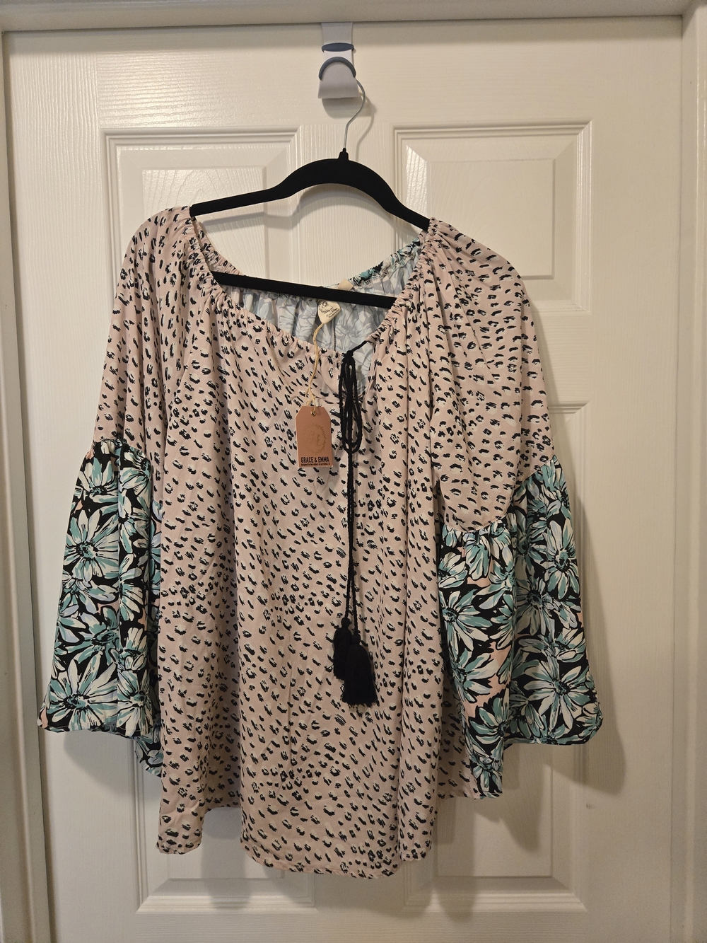 Relaxed Tie-Neck Peasant Blouse - Blush with Aqua Floral Sleeves